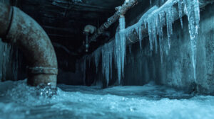 Frozen water inside caused the pipe to burst and leak.